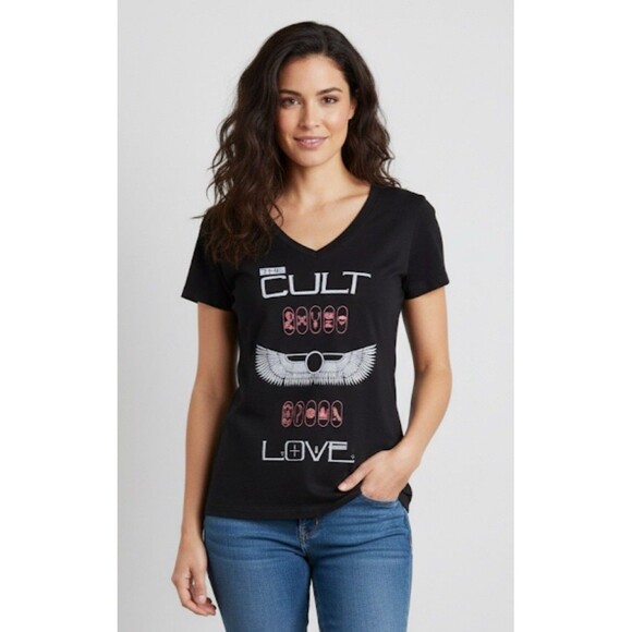 rock me Tops - BELLA The Cult Love 80s Band Fitted Black V-Neck T-Shirt MED (fits Like Small)